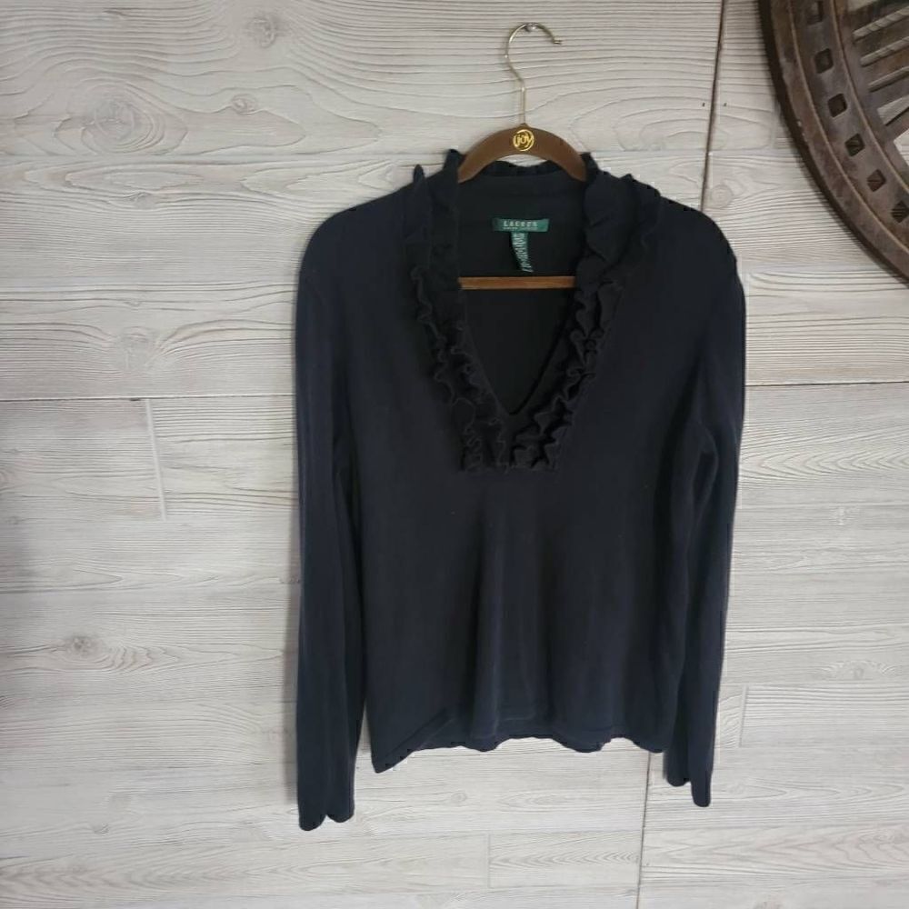 Lauren Ralph Lauren Ruffle Silk Sweater Women's SZ XL Black